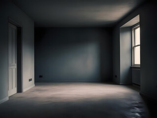 A spacious room inside a grey empty house features soft natural light streaming through a window. The bare walls and floor create an inviting atmosphere with minimal distractions