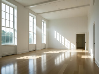 Fototapeta premium Sunlight pours into the airy, empty room of a white house, highlighting the wooden floor and creating a tranquil atmosphere. The large windows provide an inviting warmth