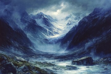Fototapeta premium A breathtaking panoramic view of a glacial valley nestled amidst towering, snow-capped mountains under a dramatic, stormy sky.