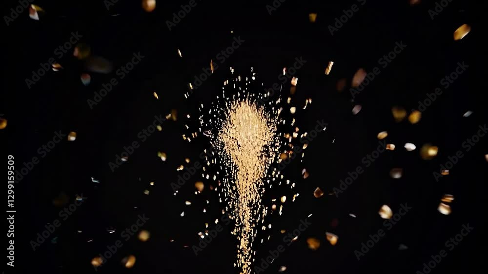 Poster golden particles exploding from the center against a deep black background, creating a dynamic displ