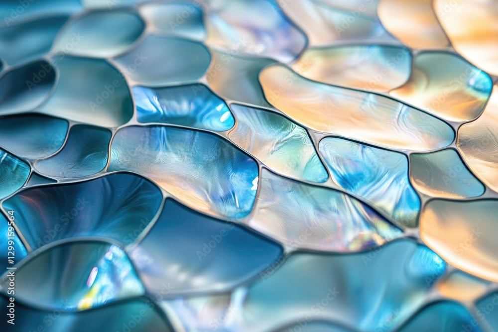 Poster Abstract image of iridescent, flowing cells in shades of blue and gold, creating a mesmerizing texture.