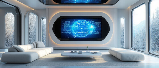 modern, futuristic living room with window, smart home, screens, digital, futuristic architecture concept, architectural inspiration, design idea