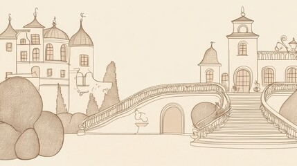 Sepia Illustration Of Two Elegant Structures Connected By A Bridge. Historical Drawing. Architectural Sketch. Monochrome Design. Elegant Style. Detailed Illustration. Vintage Style. Classic Style