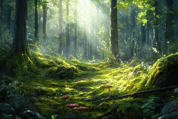 Obraz premium Sunlit forest path, lush moss, vibrant green, magical atmosphere, fairytale setting, enchanting woods.