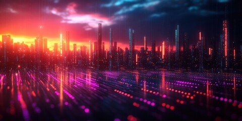 Fototapeta premium Cyberpunk Cityscape at Sunset: A Digital Metropolis