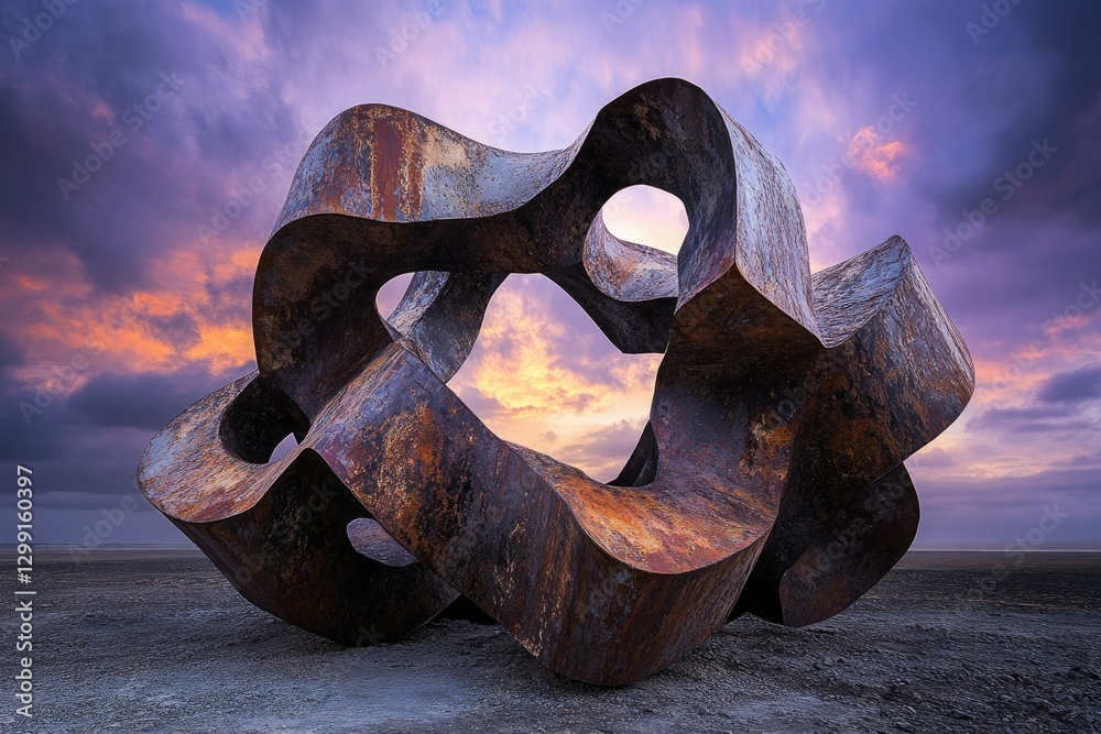 Poster abstract rusty metal sculpture at sunset, creating an interplay of light and shadow.