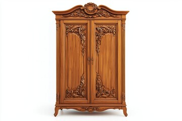 Elegant Wooden Wardrobe With Intricate Carvings Displayed on a White Background in a Bright Setting. Generative AI