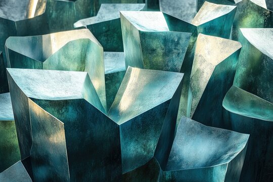Abstract teal geometric shapes resembling crystals or metallic structures, creating a textured, artistic composition.