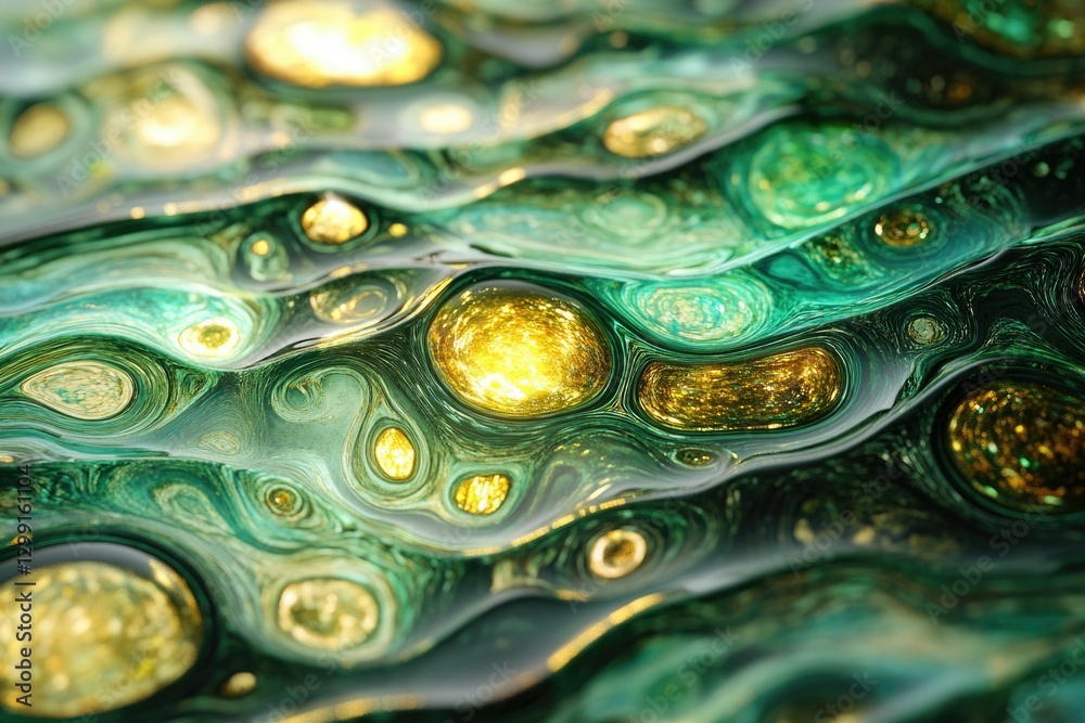 Poster abstract art depicting swirling, wavy green and gold liquid with embedded luminous spheres.