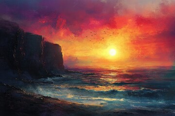 Vibrant sunset over dramatic cliffs and ocean waves, birds fly across the fiery sky.