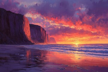 Vibrant sunset paints the sky with fiery hues as waves gently lap against dramatic cliffs on a...