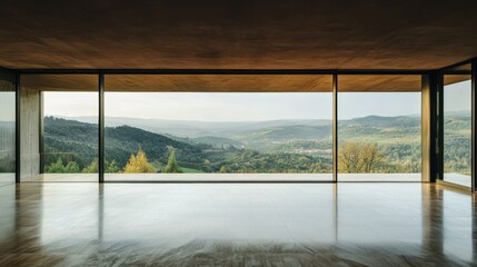 Modern home interior, panoramic mountain views, spacious open plan, tranquil atmosphere