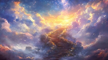 A majestic stairway ascends into a bright, ethereal sky, leading to a magnificent tree adorned with vibrant leaves, symbolizing hope and tranquility in a dreamlike setting.