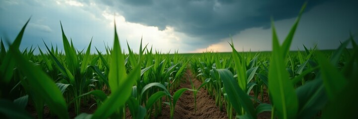 Fototapeta premium Lush green crops stretch across the field under a moody sky, symbolizing growth, resilience, and the potential of sustainable agriculture.