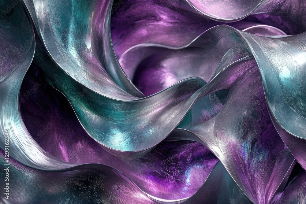 Poster Abstract swirling metallic artwork with teal and purple hues, creating a dynamic and flowing composition.