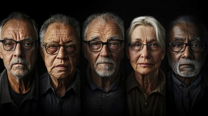 Group of elderly individuals with distinct expressions and glasses, set against a dark background