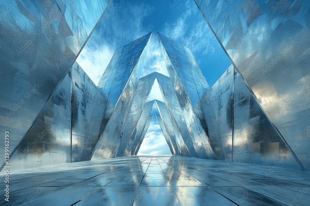 Poster A futuristic, metallic triangular structure extends towards a bright sky, creating a stunning architectural vista.