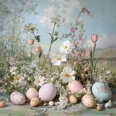 Fototapeta premium A vibrant assortment of colorful eggs in various shades, including pastel pinks, blues, and yellows, is artfully arranged among fresh, blooming flowers on a rustic wooden table.