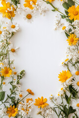 Bright yellow and white wildflowers scatter around a blank area, creating a clean, serene frame with a white backdrop, ideal for text or creative use in a minimal style