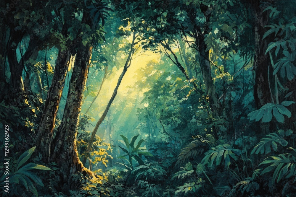 Poster sunlit path through a lush, verdant rainforest, sunlight filtering through dense canopy.