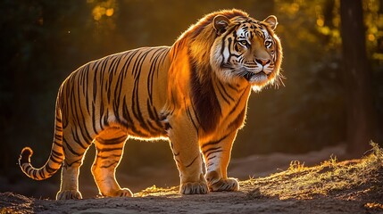 Powerful Liger standing in a sunlit clearing its massive form combining the strength of a tiger and the mane of a lion golden orange fur glowing under the light