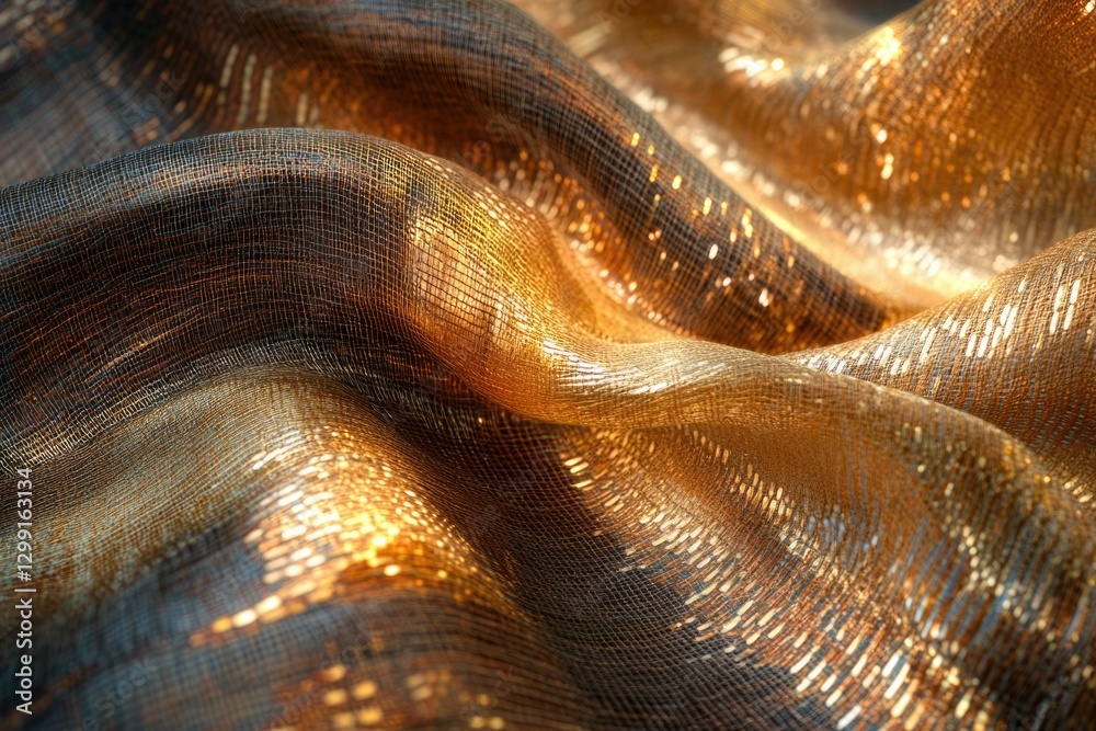 Poster luxurious golden fabric with a shimmering, textured surface, dramatically draped and illuminated.