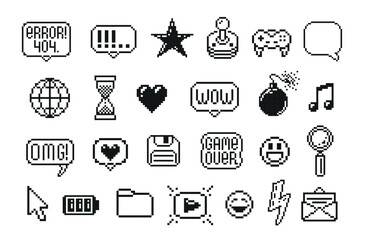 Pixel element black minimalist game graphic icon set line art vector illustration
