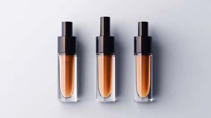 Obraz premium Three Amber Liquid Foundation Bottles on White Background