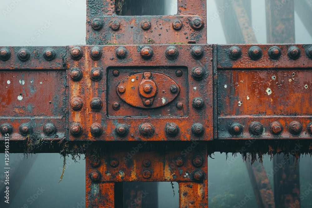 Poster rusty metal structure with rivets, showing signs of age and weathering. a close-up view of industria