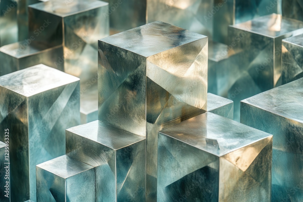 Leinwandbilder A close-up view of numerous metallic cubes, arranged in a complex and visually appealing pattern.