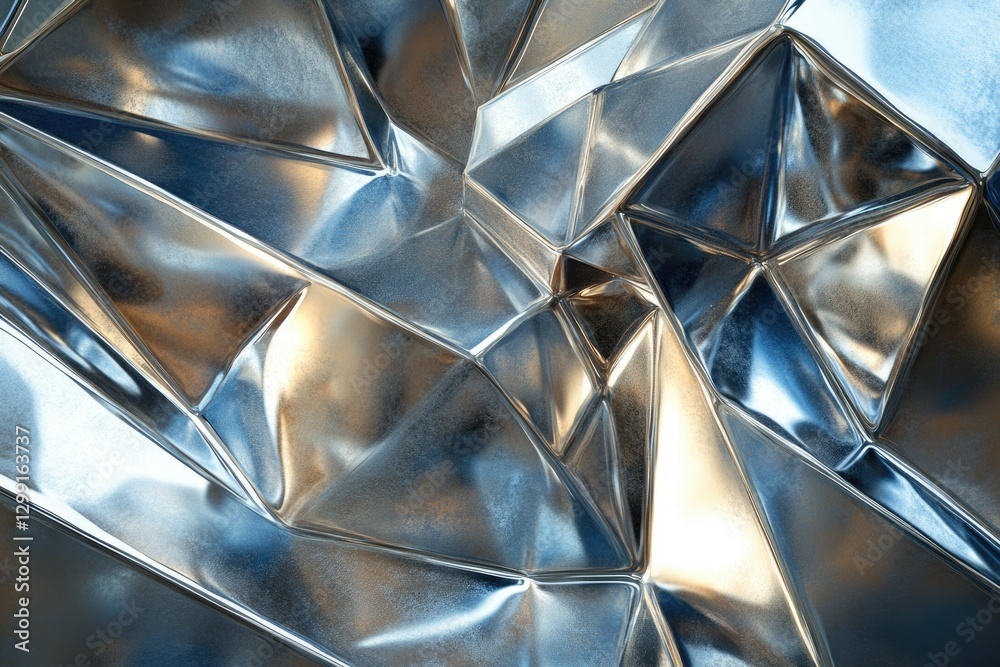 Poster Abstract image of a metallic surface with a geometric, faceted texture and reflective qualities.