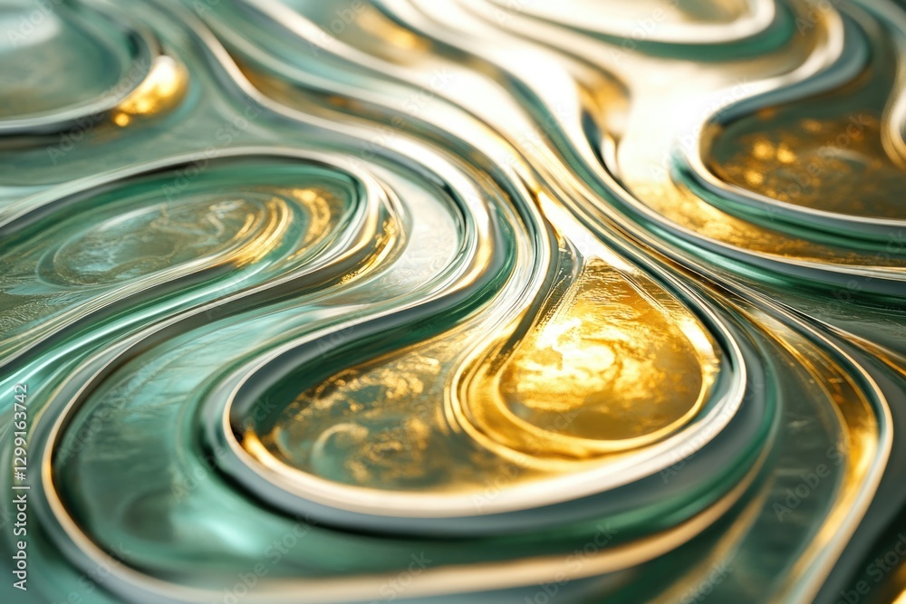 Poster abstract image of swirling, glossy teal and gold liquid, creating a luxurious, flowing texture.