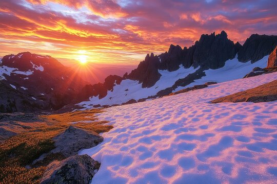 Majestic sunset paints snow-capped mountains with vibrant hues, creating a breathtaking alpine panorama.