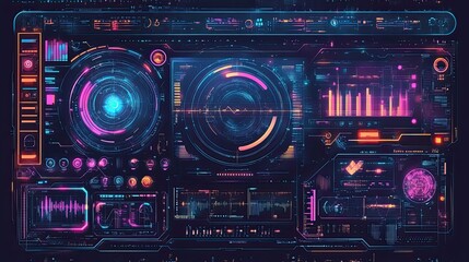 Obraz premium Futuristic digital interface with glowing holographic data panels and neon cyber technology elements