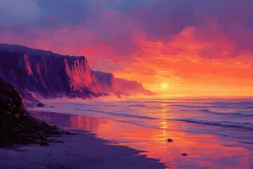 Vibrant sunset paints the cliffs and ocean in fiery hues, a breathtaking coastal scene.