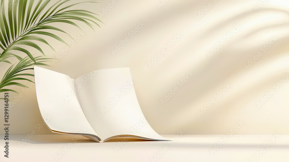 Poster open notebook on a minimalist desk with palm leaves casting shadows in bright natural light