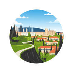 Scenic Cityscape Illustration Modern and Historic Architecture Contrast