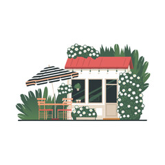 Fototapeta premium Charming Outdoor Cafe Vector with Cozy Seating and Floral Decor