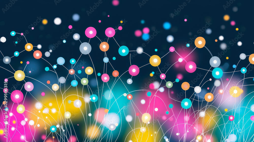 Poster Colorful abstract representation of digital connectivity with vibrant dots and lines in a dark background
