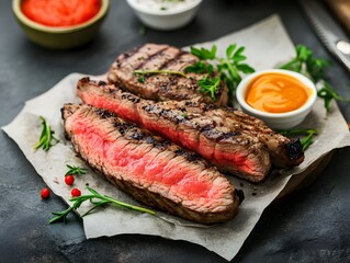 Juicy Grilled Steak Slices with Sauces, Rosemary, and Herbs