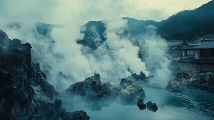 Fototapeta premium Misty hot springs, steaming volcanic landscape, Japanese traditional buildings