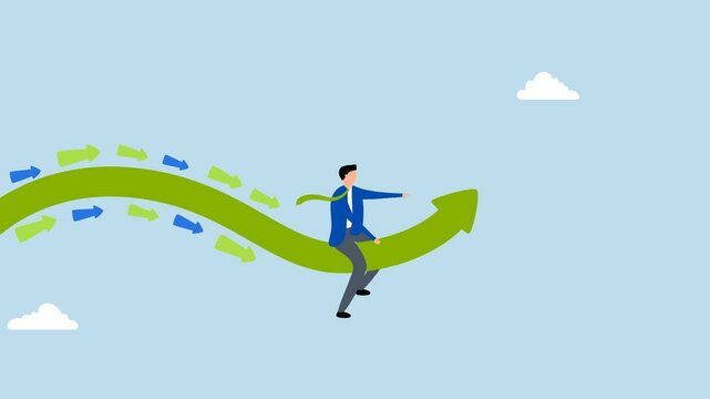 Business trend, 4k animation of entrepreneur riding trend arrow accompanied by small followers. 