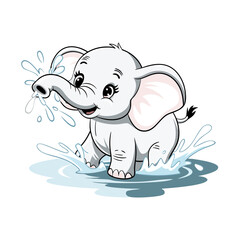 Cute Baby Elephant Playing in Water Splash Vector Illustration for Kids Decor