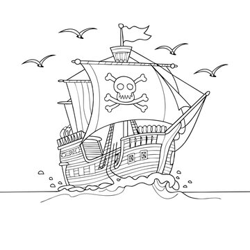 recommend clip art: Pirate Ship Vector Illustration with Skull and Crossbones on Sailing Sea Adventure