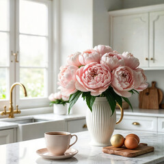 Fresh flowers add vibrance to the modern kitchen. The marble surface reflects the natural light. A cup of coffee completes the inviting atmosphere.