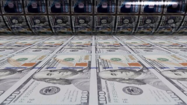 Printing press machine producing 100 dollar bills in a monetary printing factory
