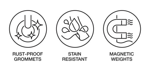 Shower Curtains icons, stain-resistant, rust-proof, in thin line and circle shape