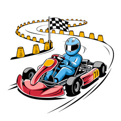 Go Kart Racer in Blue Suit on Curved Track with Checkered Flag Vector Illustration