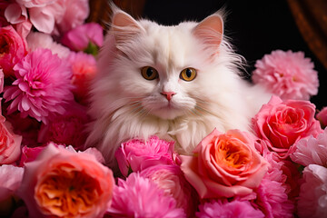 White fluffy cat surrounded by vibrant pink flowers in a cozy indoor setting during daytime