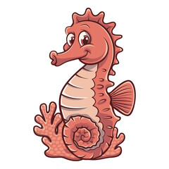 Naklejka premium Cute Cartoon Seahorse Illustration with Coral Elements Vector Art